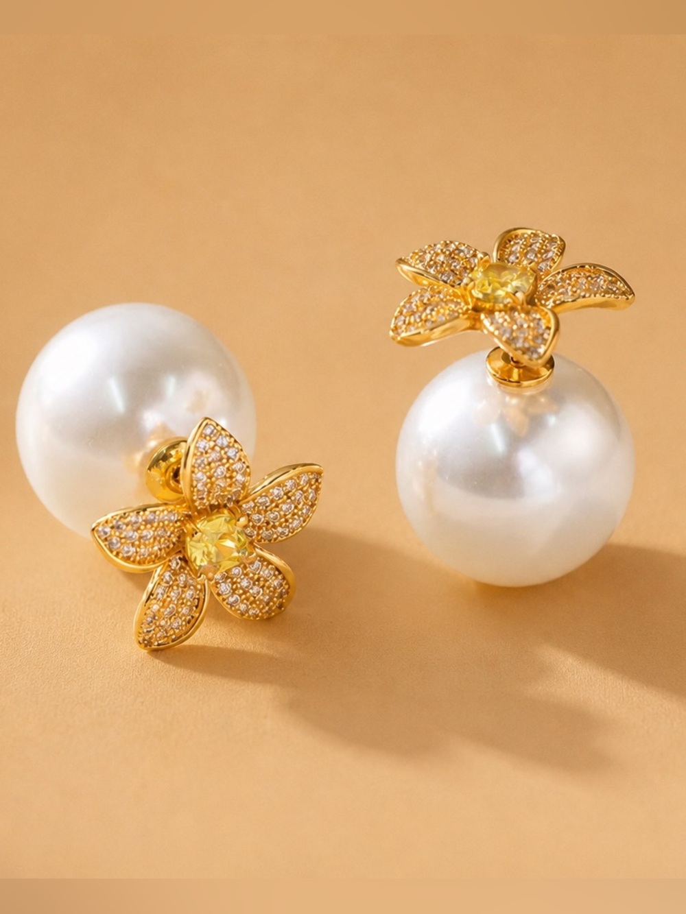 Anthropologie Gold Floral Pearl Drop Earrings - White and Gold